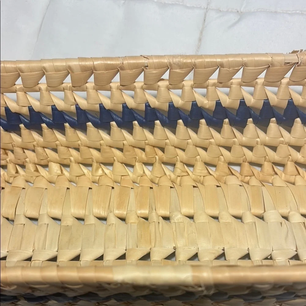 Woven Rectangular Basket with Ceramic Blue and White  Handles